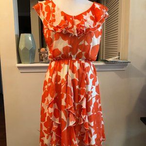 Cute Orange/Ivory Fit & Flare Ruffled Dress Sz 12